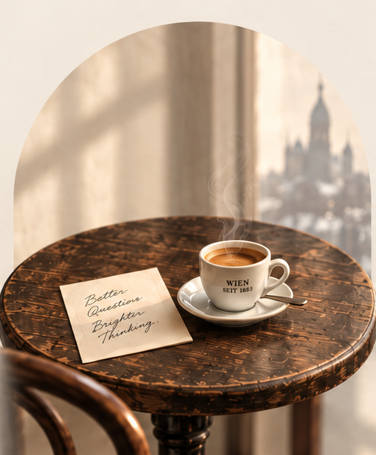 A small antique café table with an espresso and a handwritten note, in a Vienna coffeehouse in winter.